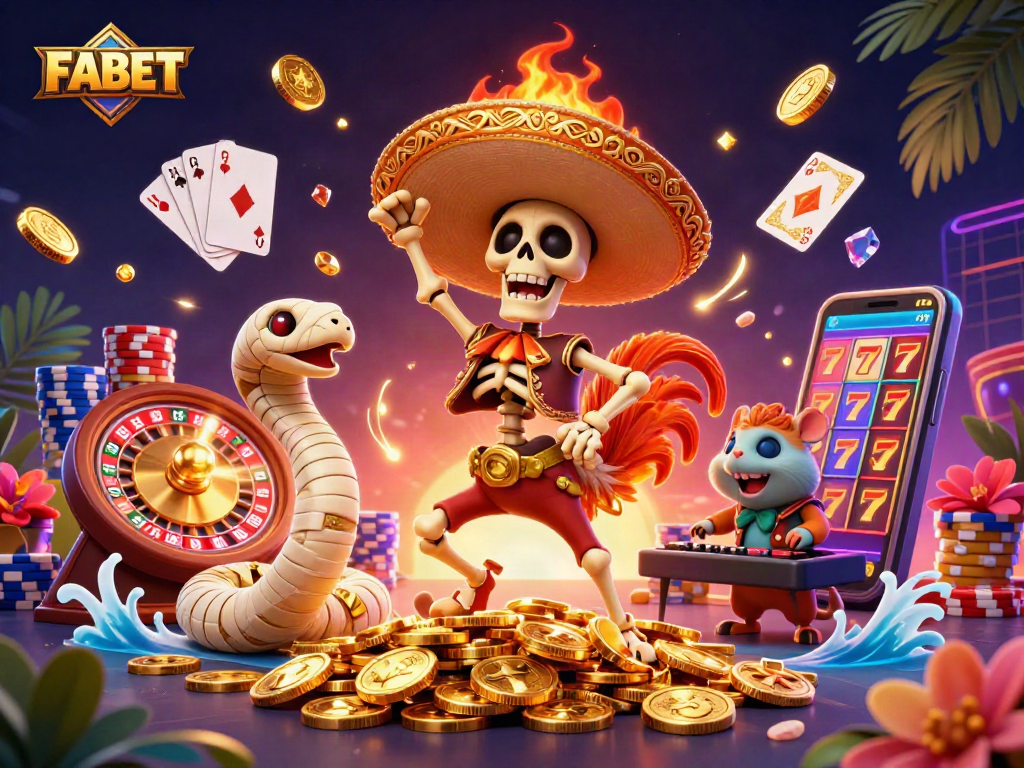 Engage with FABET's vibrant 3D casino illustration featuring lively characters and dynamic gaming elements.