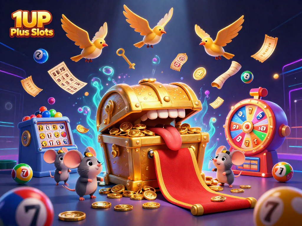 Spin and win with 1UP Plus Slots while enjoying colorful casino-themed illustrations.