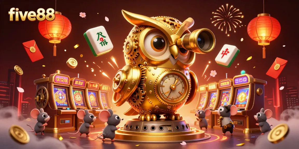 Experience the excitement at five88 with a lively scene featuring a golden owl and vibrant slot machines.