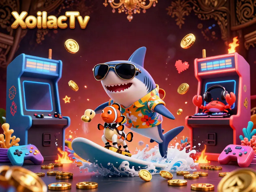XoilacTv brings a lively casino scene with a hammer-head shark enjoying a wave of gold coins.
