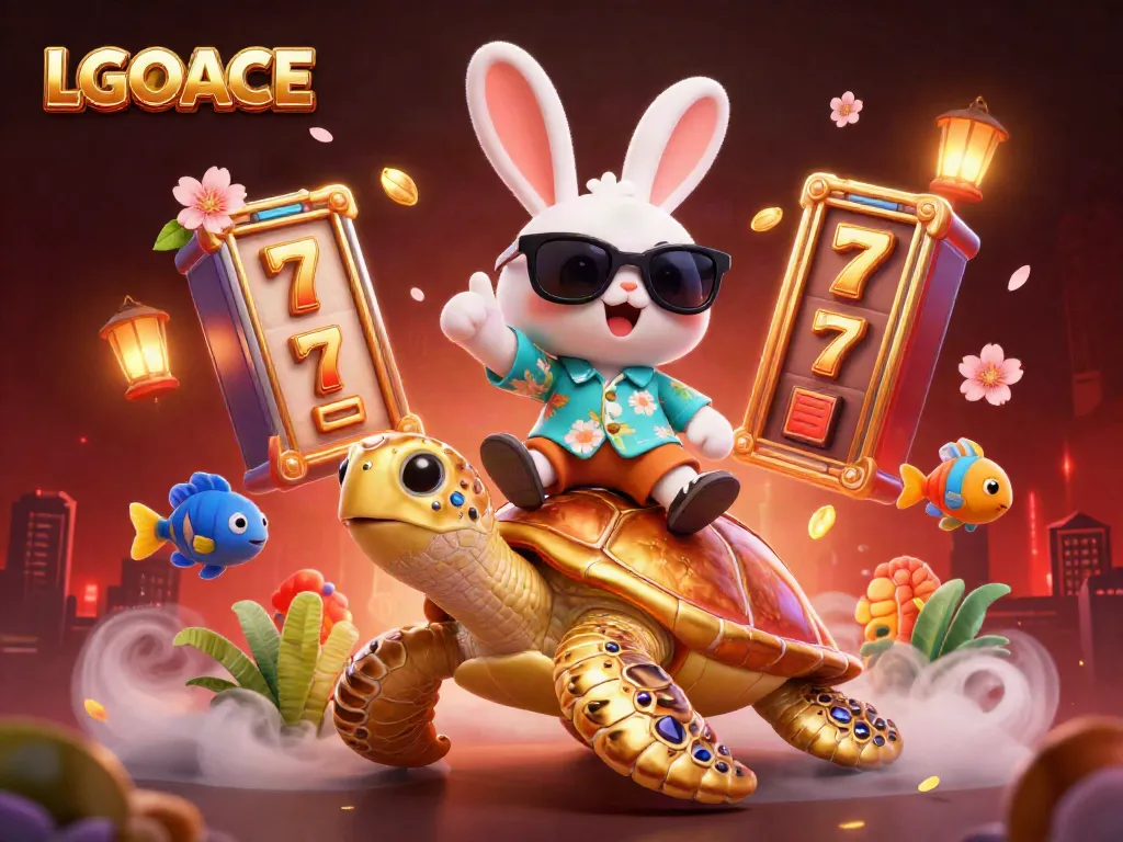 Luck and excitement at LGOACE with a lively scene including a rabbit and sea turtle amid slot game elements.