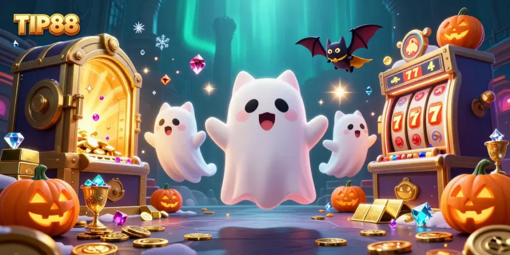 Experience the thrill of the TIP88 haunted casino mansion with a friendly ghost cat and captivating casino elements.