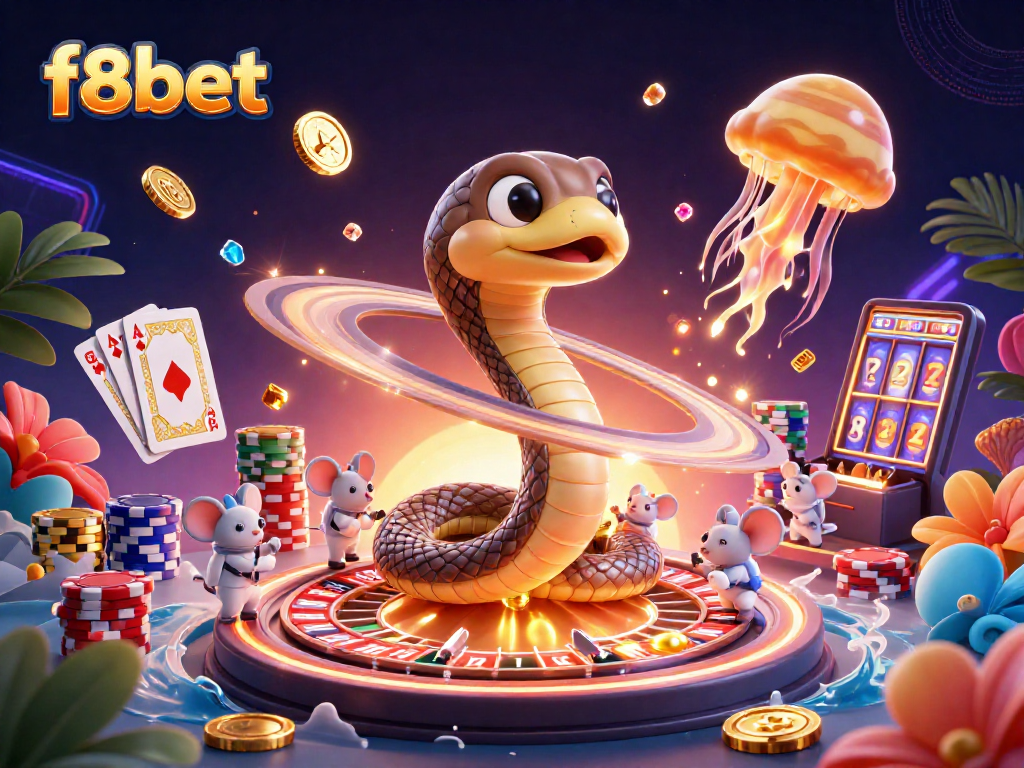 Experience exciting bets at f8bet with a colorful cosmic gambling scene featuring unique characters.