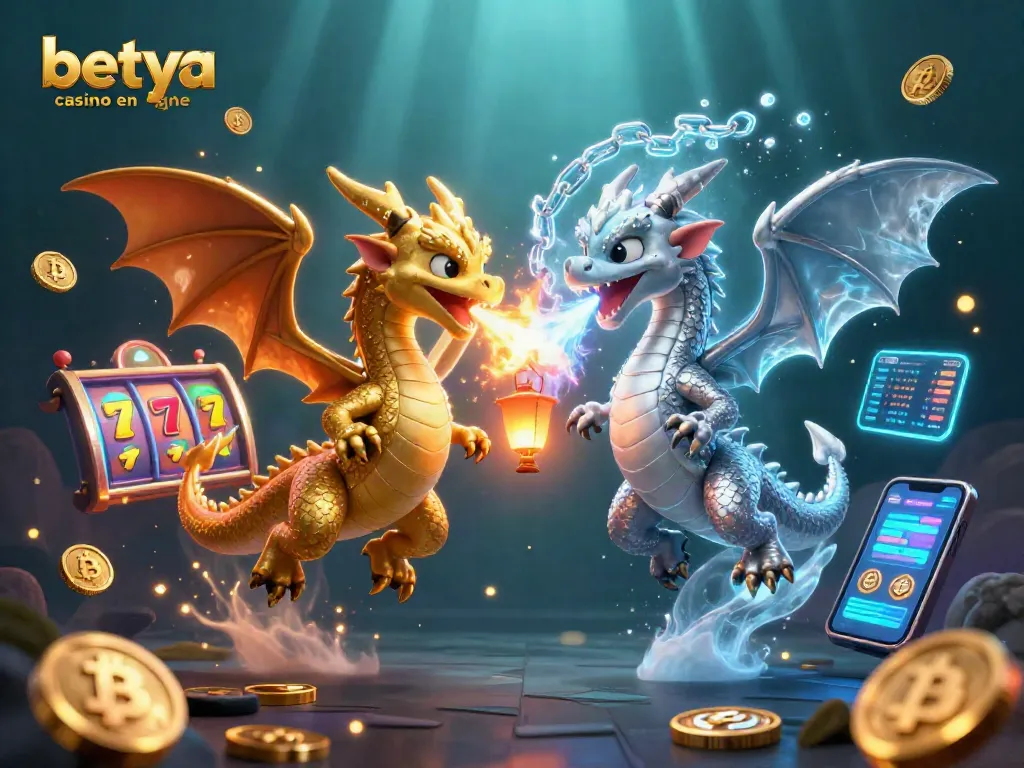 Betya casino en ligne features thrilling gaming with a vibrant dragon duo amidst animated jackpot reels.