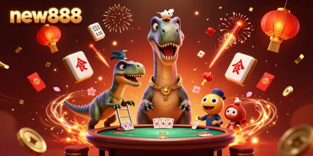Experience the adventure of new888 with a dinosaur-themed casino scene filled with vibrant gaming elements.
