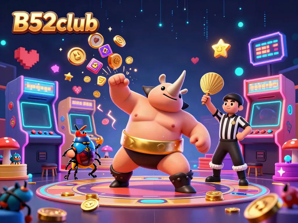 B52club engages players with a thrilling casino scene featuring colorful slot reels, golden coins, and energetic characters.