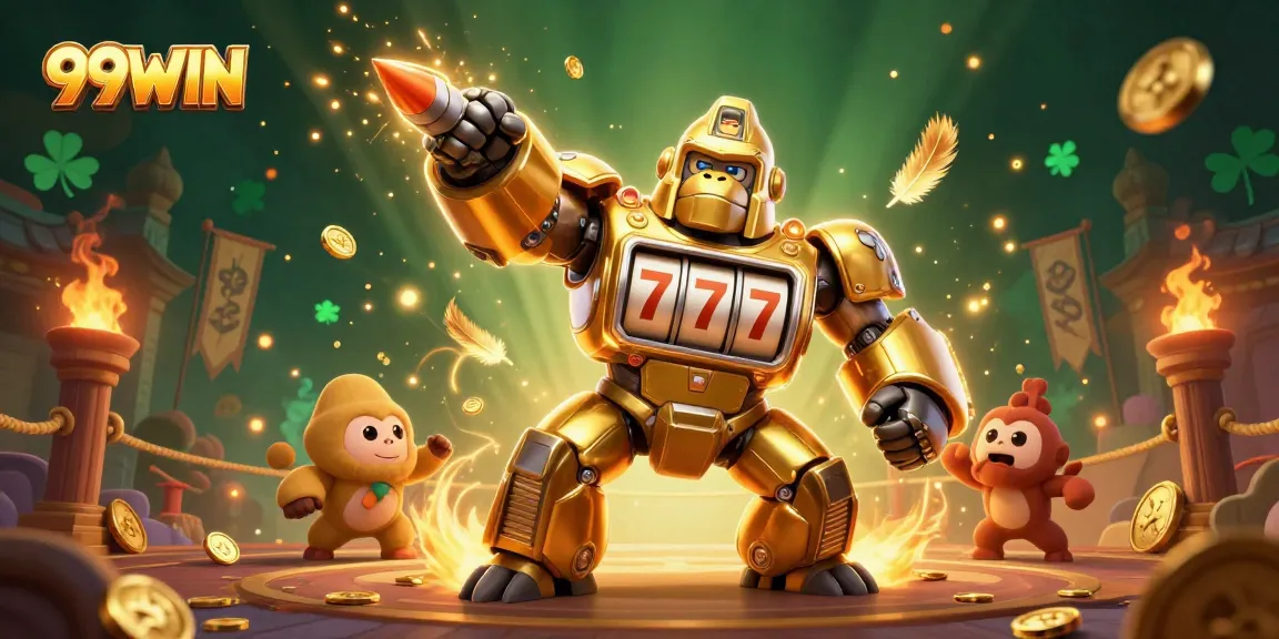 Engage with 99WIN’s thrilling 3D casino scene featuring a golden gorilla mech and slot machines.