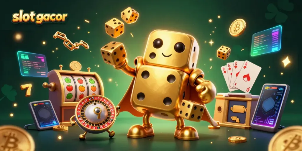 Engaging slot gacor illustration featuring a golden dice golem and lively casino elements.