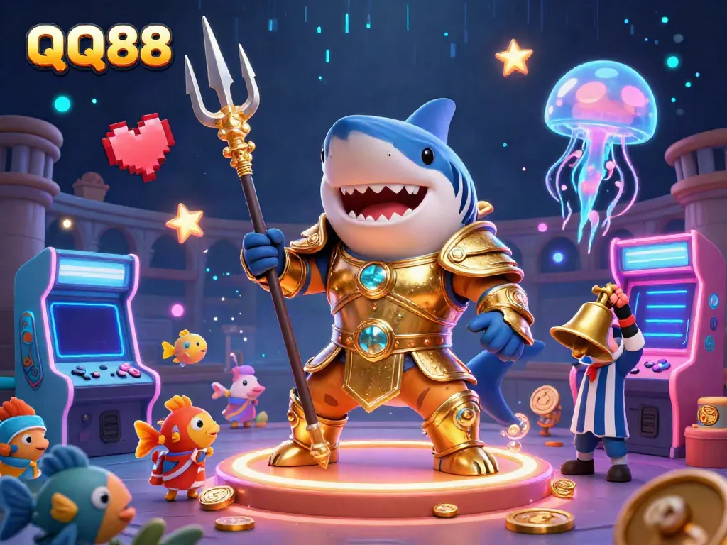 Experience the excitement of QQ88 with a dynamic underwater gaming scene featuring a shark in gladiator armor.