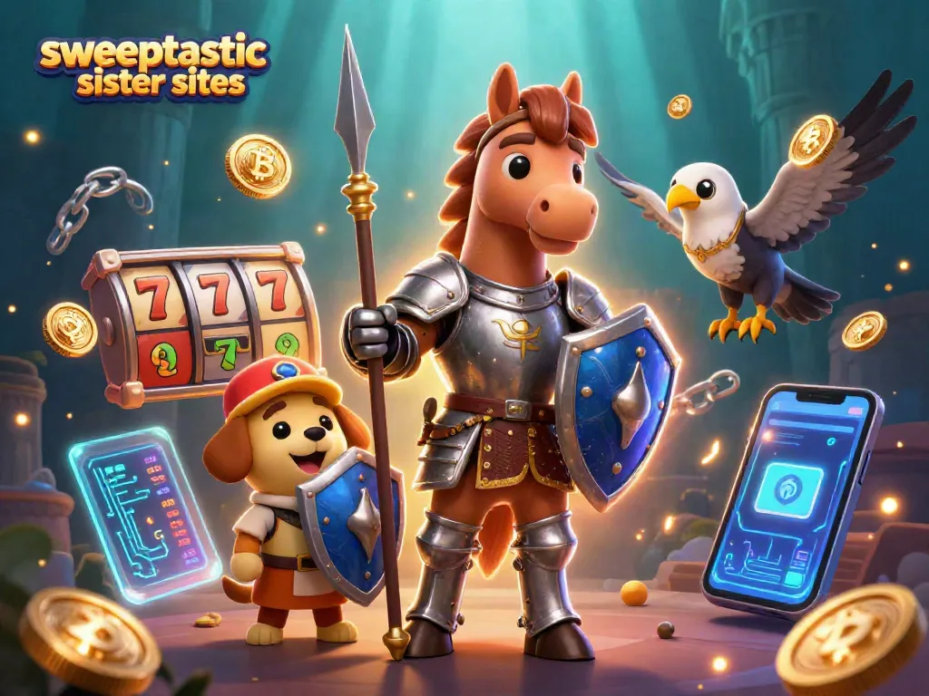 Sweeptastic sister sites showcase captivating gameplay with knight, puppy, and falcon amid slot reels.