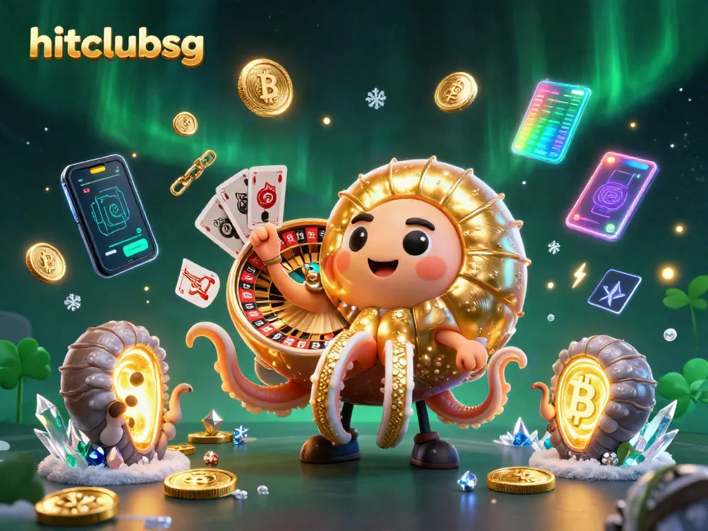 Experience excitement at hitclubsg with a vibrant casino scene featuring a giant glowing roulette wheel and glowing virtual currency.