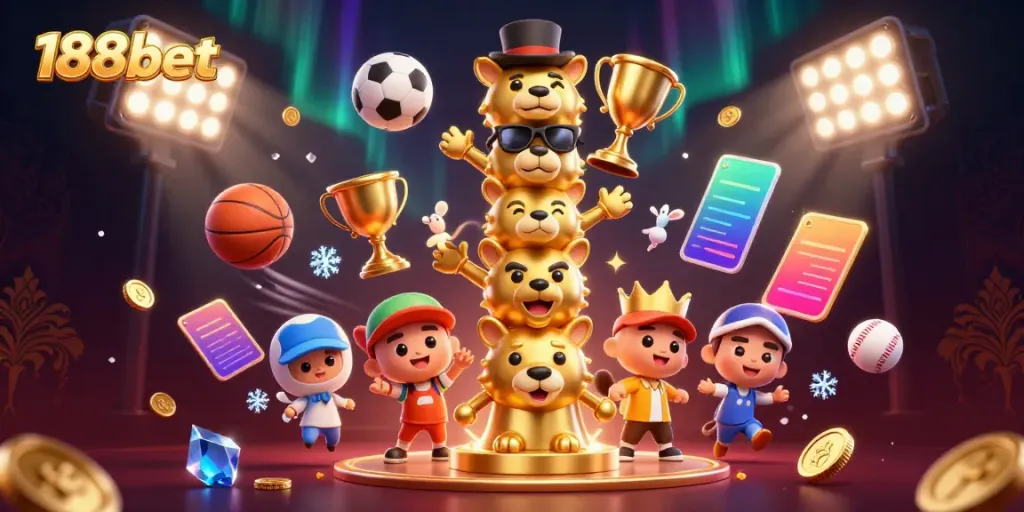 Experience thrilling sports betting with 188bet showcased through dynamic 3D casino illustration of a totem pole and flying sports elements.