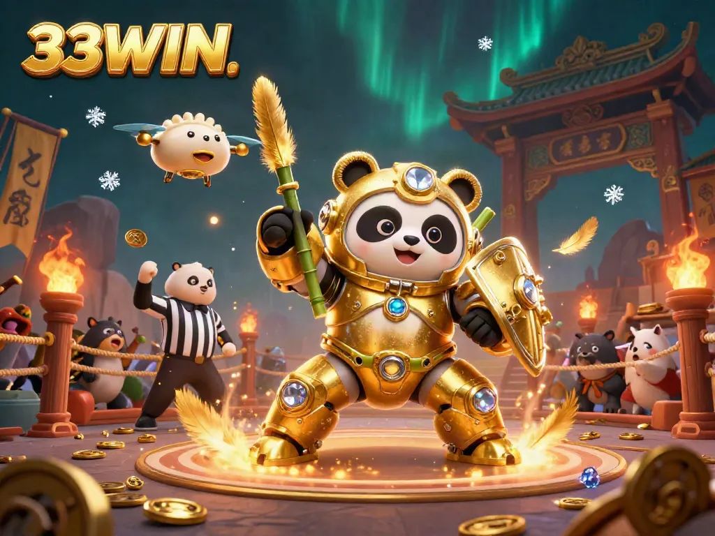 Experience thrilling action with 33WIN as a golden mech panda battles in a vibrant casino arena.