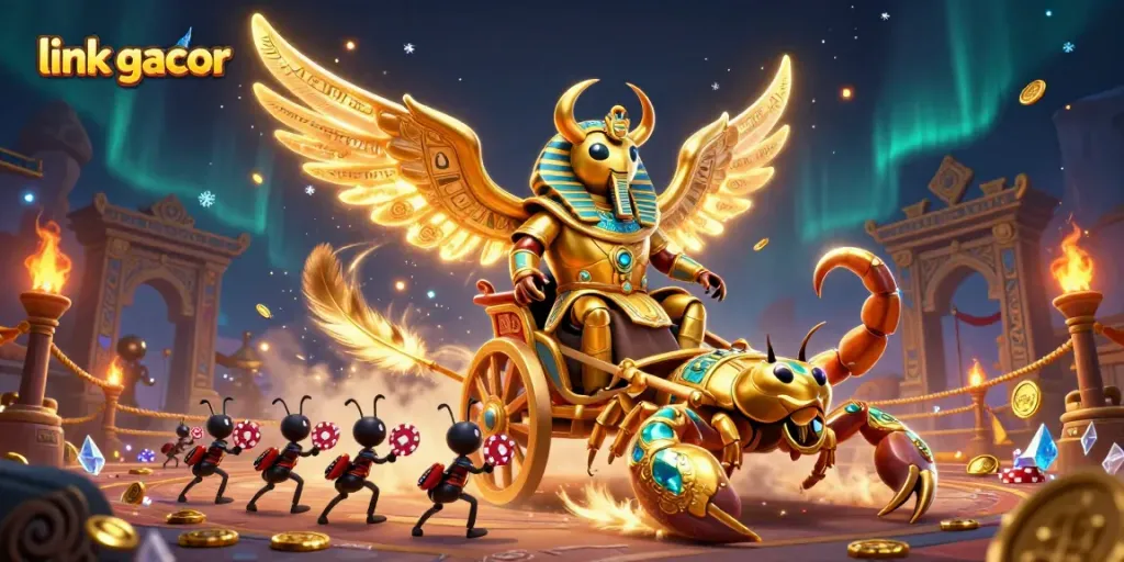 Experience thrilling gameplay with link gacor as the golden scarab beetle leads a dynamic casino scene.