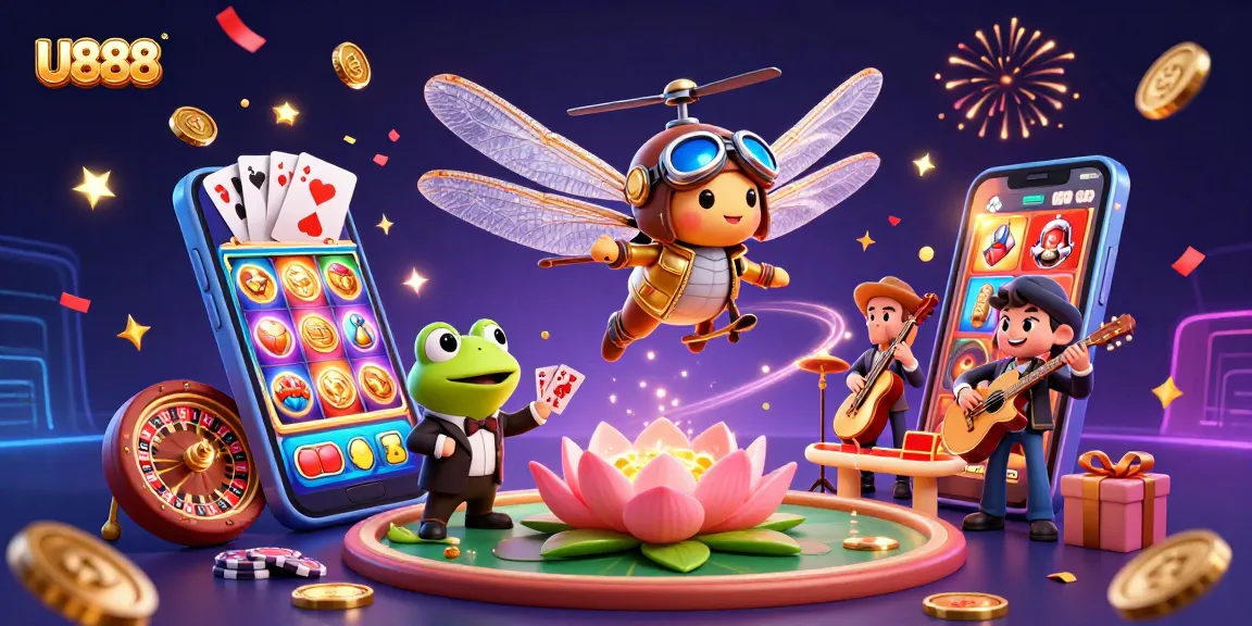 Engage in thrilling casino action with U888 featuring a dragonfly pilot and frog croupier in vibrant 3D art.