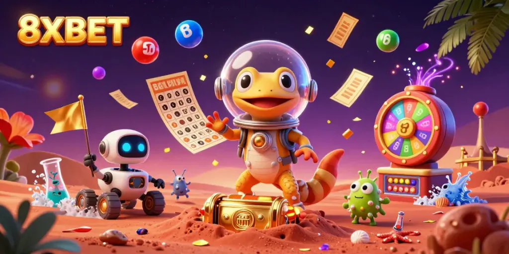 Engage with the dynamic world of 8XBET as a Martian gecko discovers a golden casino, surrounded by colorful gaming elements.