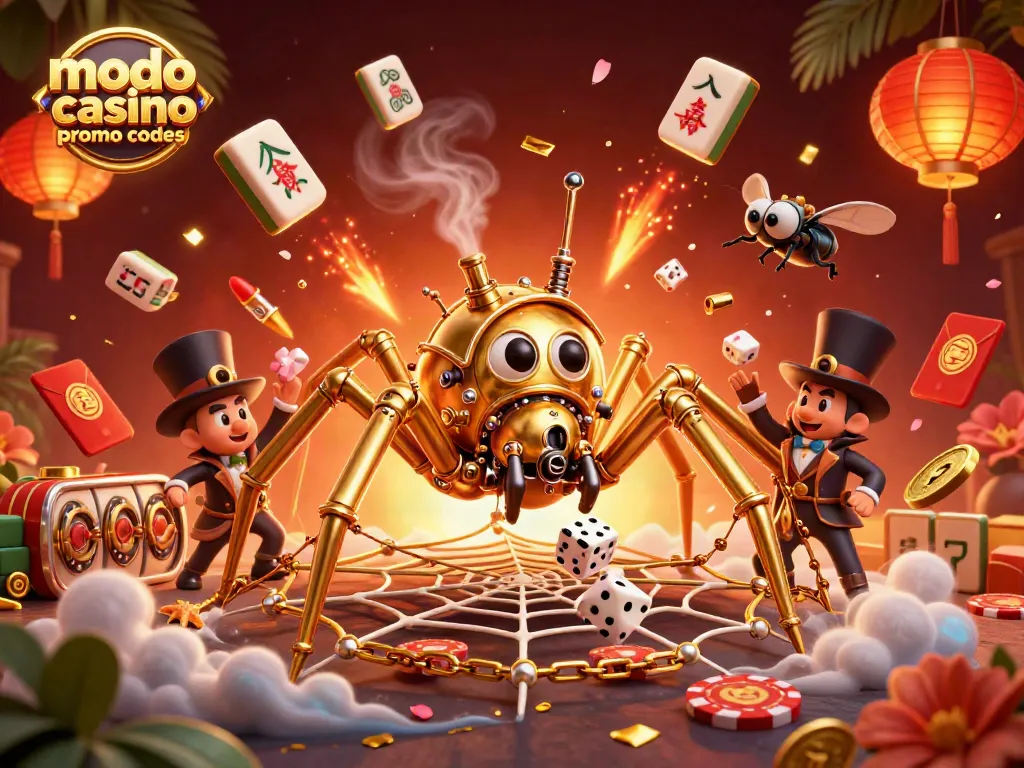 Catch exciting modo casino promo codes offers amidst whimsical casino elements, featuring a steampunk spider and golden prizes.