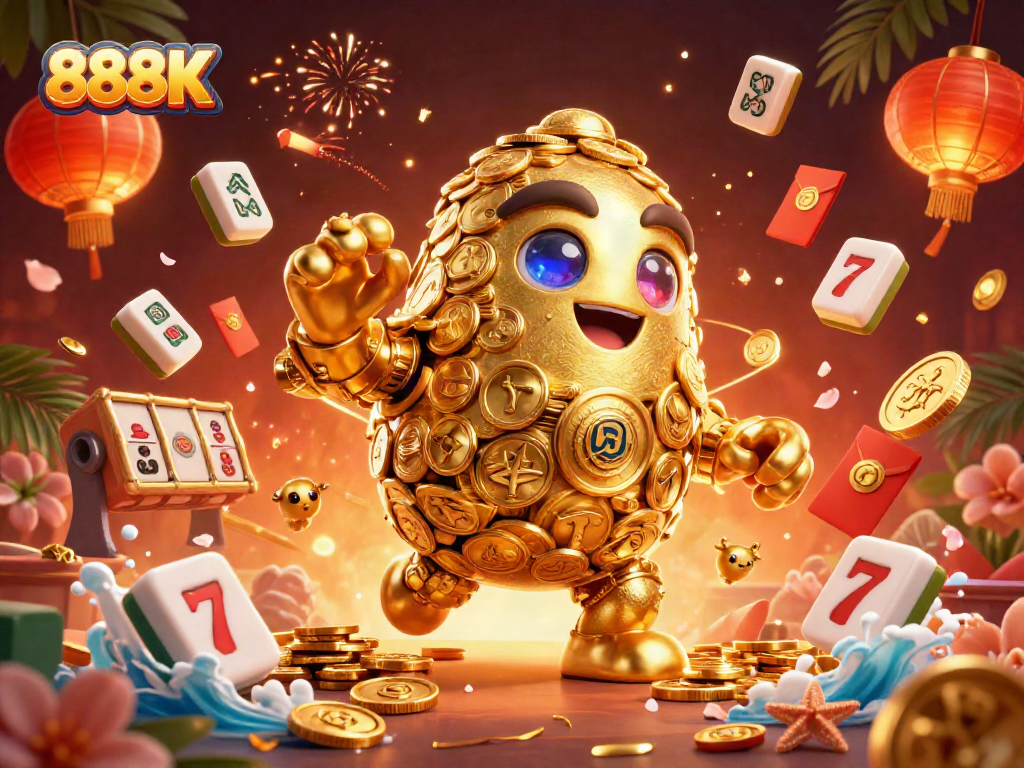 Experience thrilling gaming with 888K's golden golem and vibrant casino elements in an exciting casino scene.