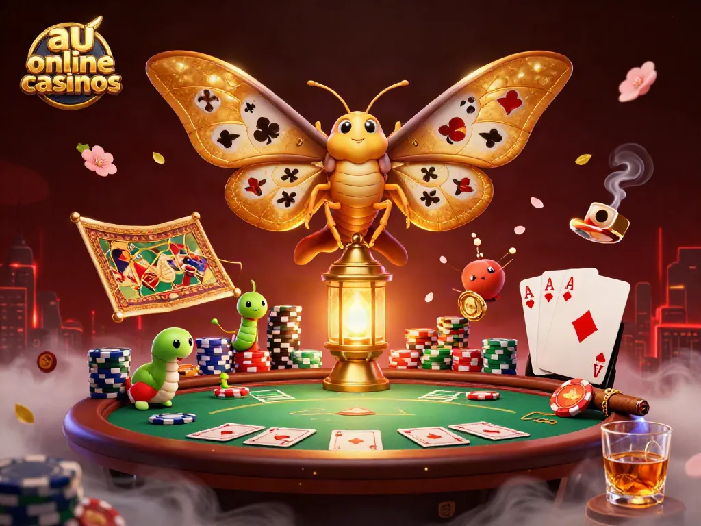 Engage with au online casinos featuring a vibrant illustration of card suits, poker chips, and moths.