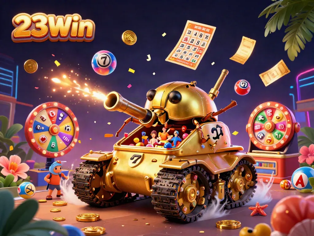 Engage with 23Win's vibrant casino atmosphere illustrated with dynamic slot and lottery elements.