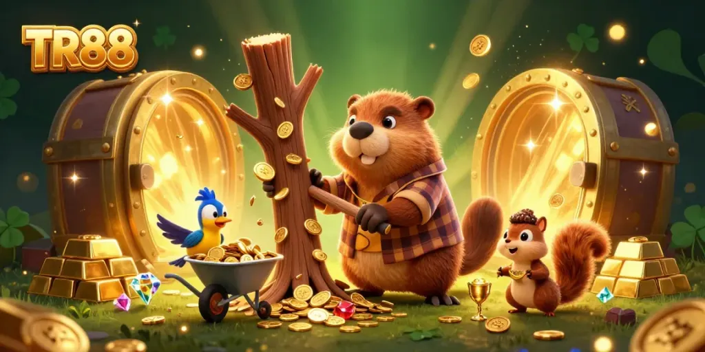 Experience the excitement of TR88 with a vibrant illustration of a beaver character in a casino-themed scene, celebrating wins.