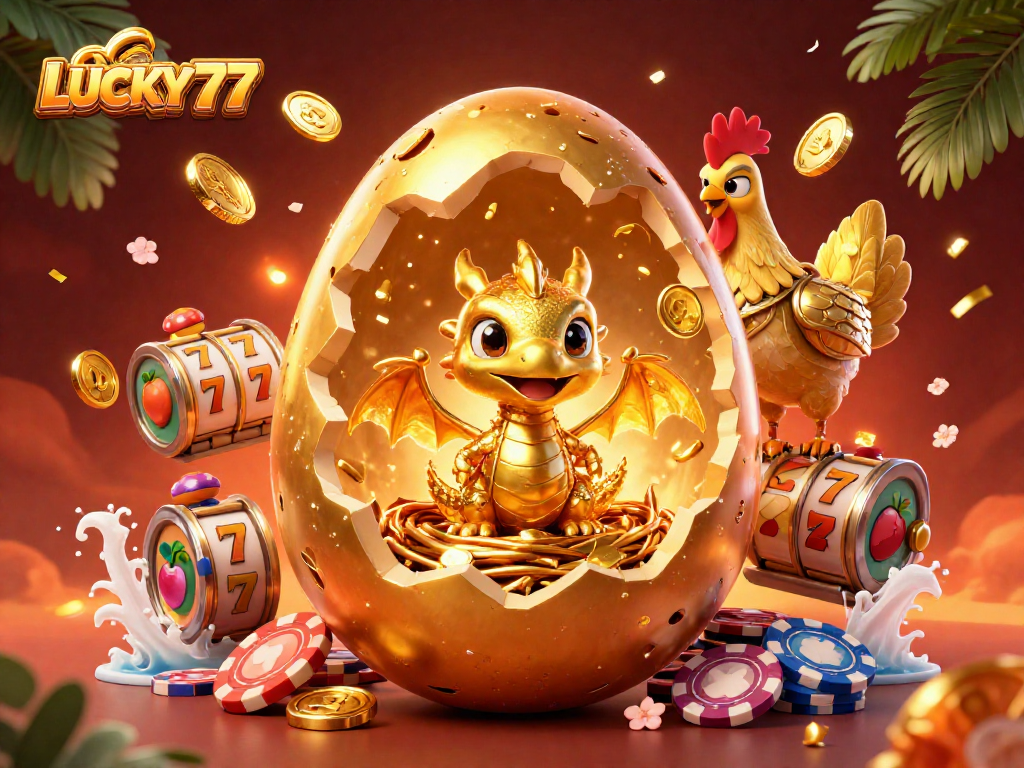 Join the excitement with LUCKY77 as the golden dragon and mother hen guard a treasure of poker chips.