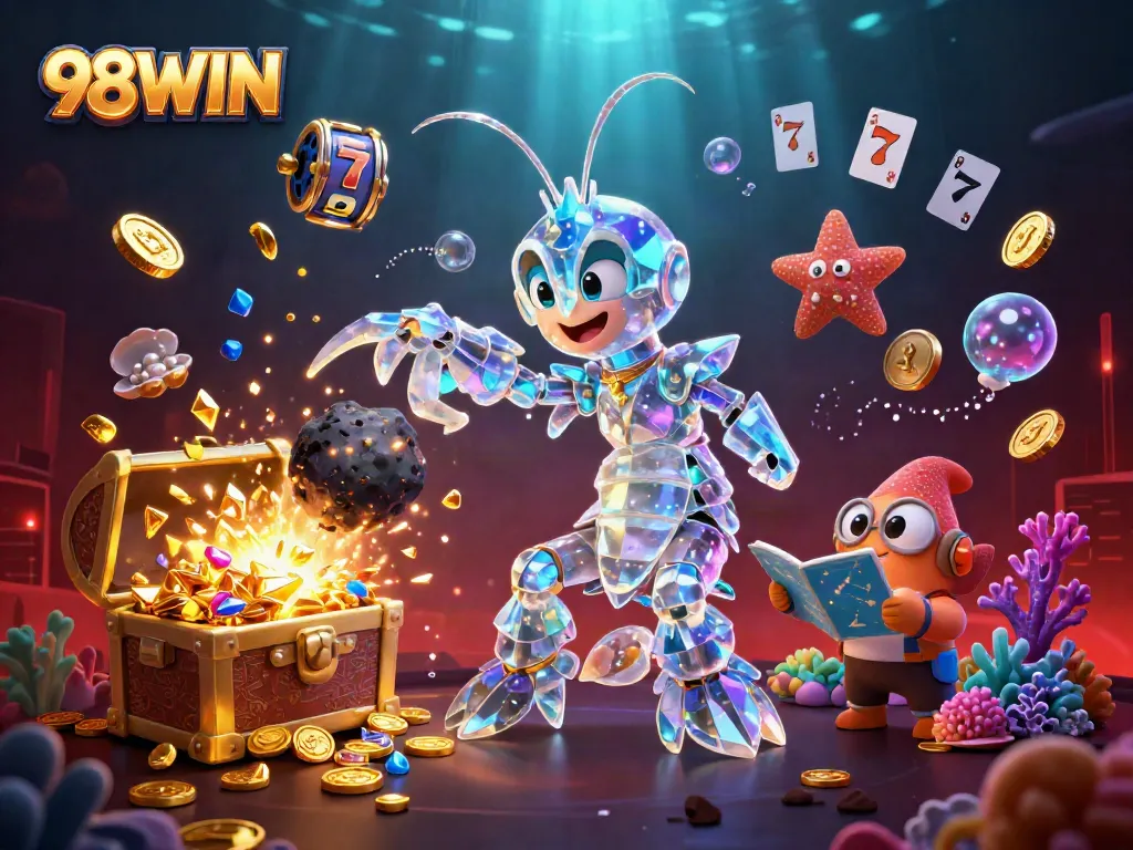 Engage with 98WIN's epic gaming universe featuring vibrant shrimp and slot symbols exploding with treasures!