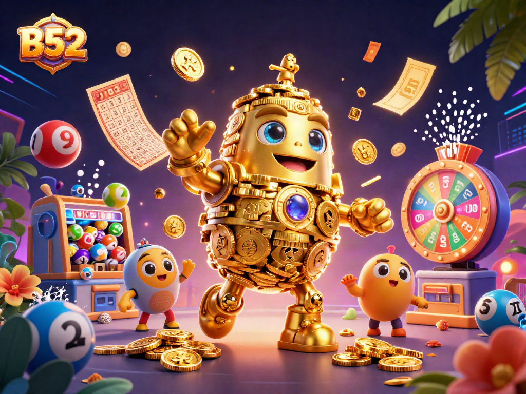 B52 dynamic scene featuring a golden golem and vibrant gambling elements like lottery balls.