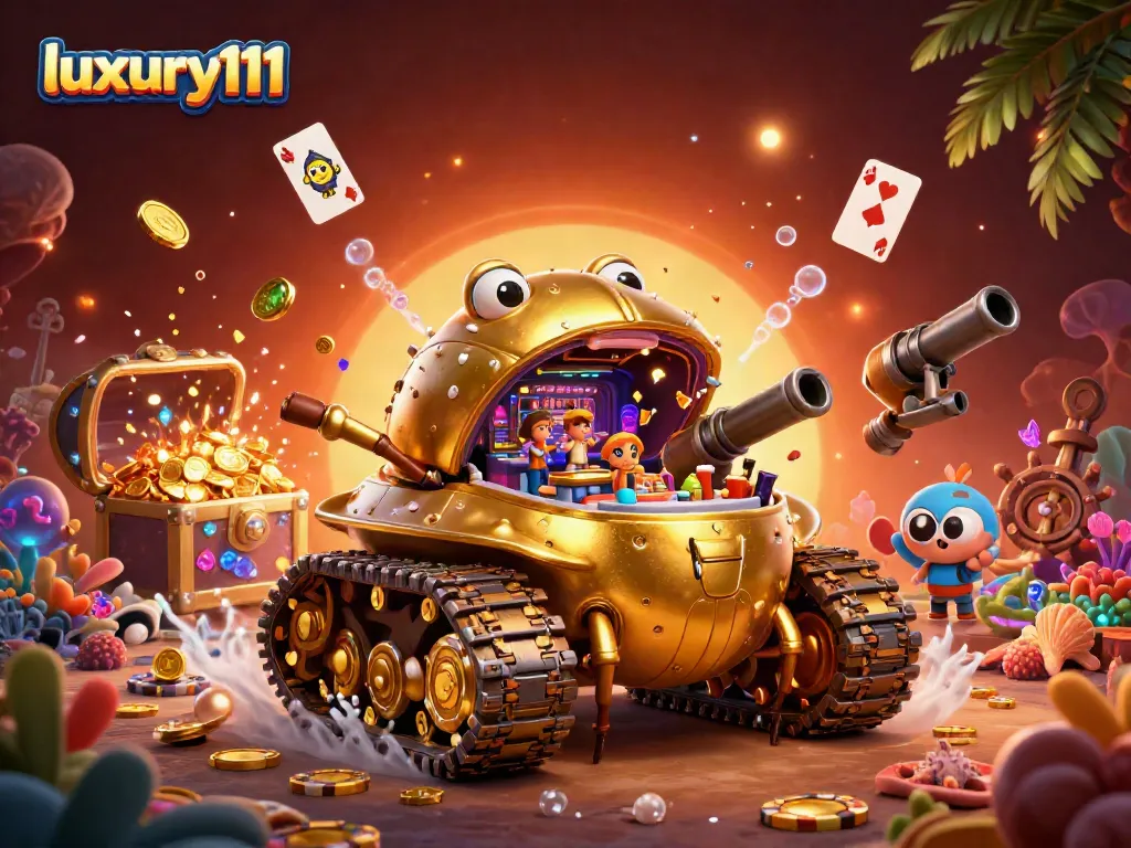 Engage with luxury111's dynamic gaming experience, featuring a miniature casino in a golden beetle tank.