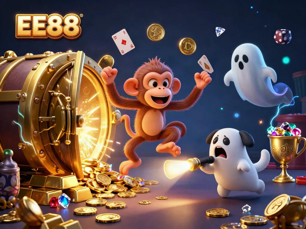 Experience a haunted casino with EE88, featuring a juggling monkey surrounded by golden treasures.