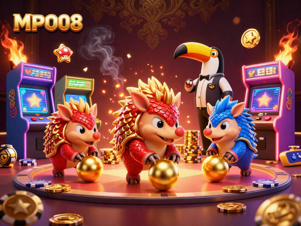 MPO08 showcases rival pangolins engaging in a captivating casino gaming scene, surrounded by vibrant arcade machines.
