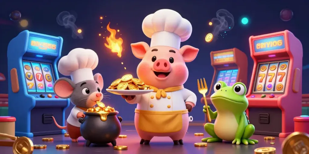 Experience the vibrant world of BL555 Casino with a colorful scene of a chef pig serving golden coins.