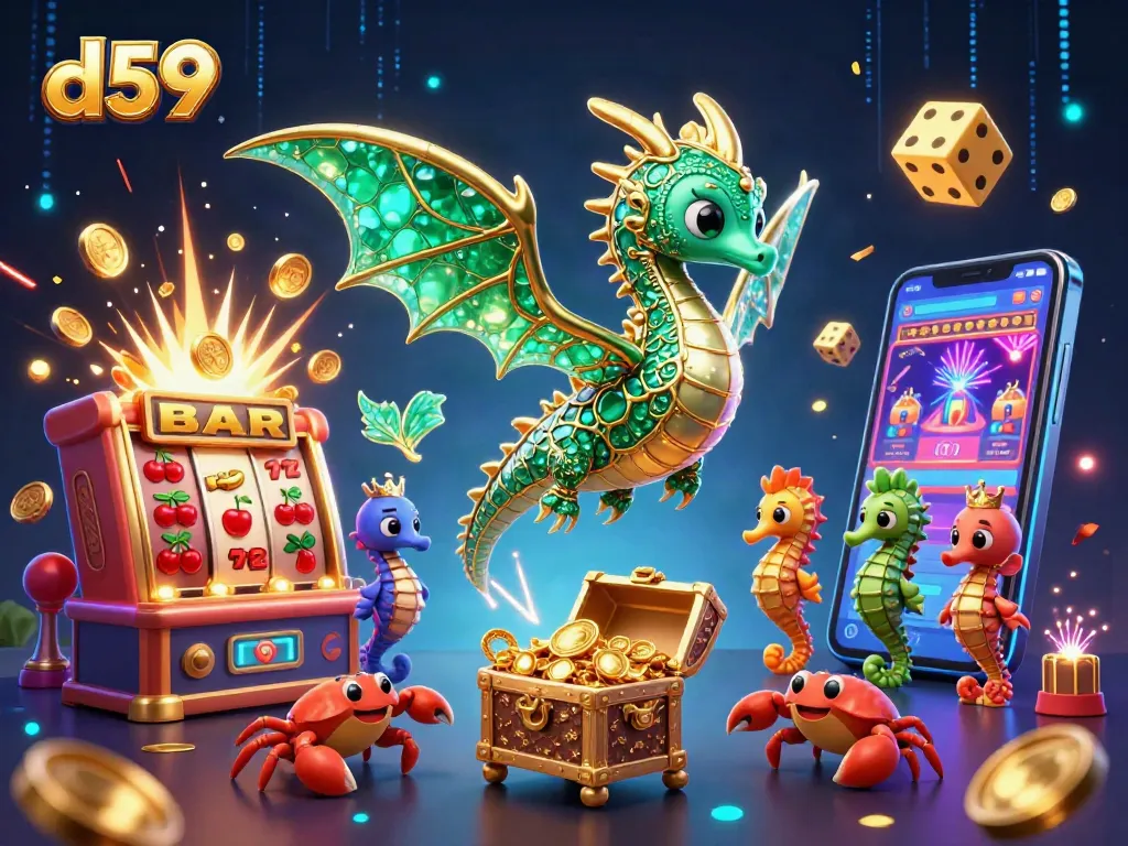 Experience the thrill of gaming with d59, featuring a rich scene of casino elements and fantastical creatures.