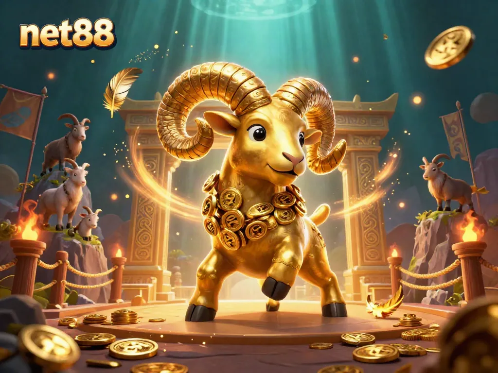 Engaging net88 gaming scene featuring a golden ram in action amidst coins and vibrant visual effects.