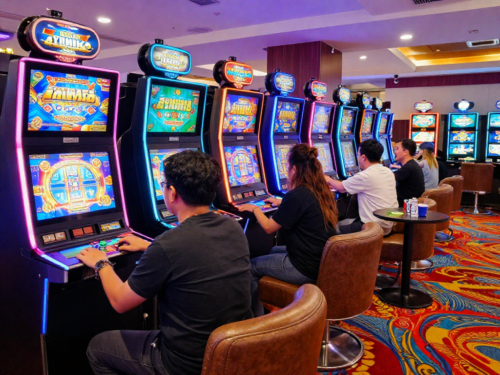 Players enjoying slot gacor games in a lively online casino setting, vibrant atmosphere with digital screens and social interaction.