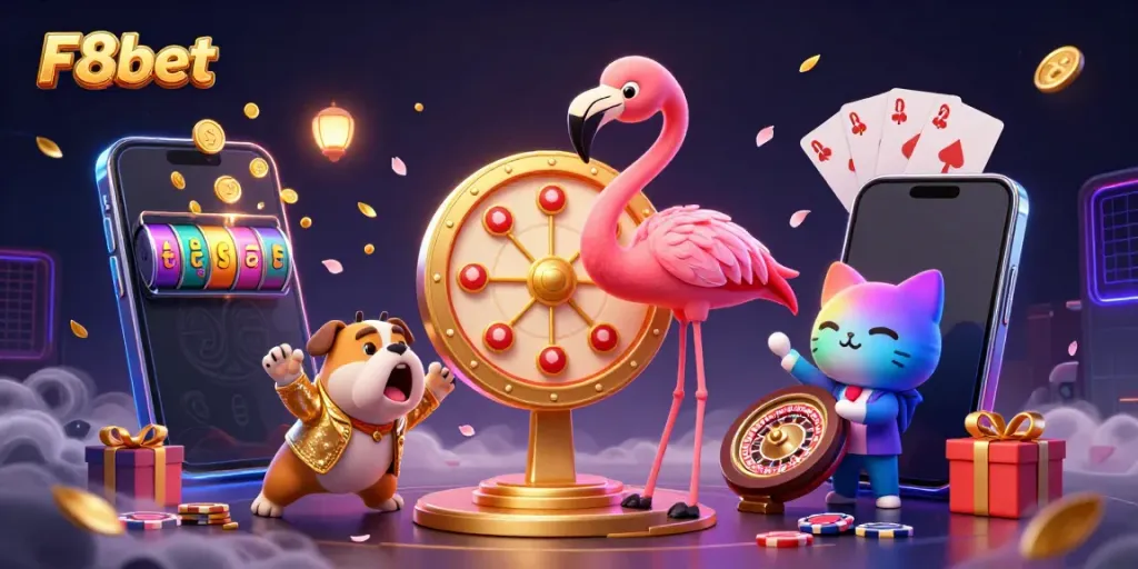Engage in exciting gameplay at F8bet, showcasing a vibrant casino scene with lively characters.