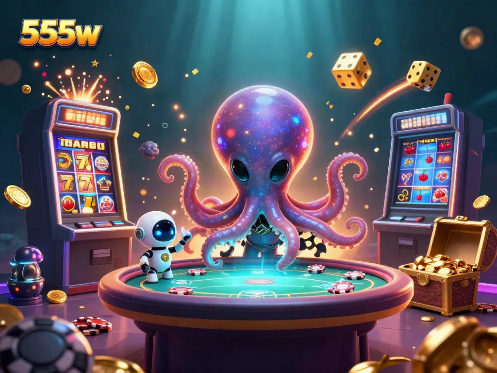 Experience vibrant gameplay at 555w with an alien octopus dealing poker, surrounded by colorful slot elements.