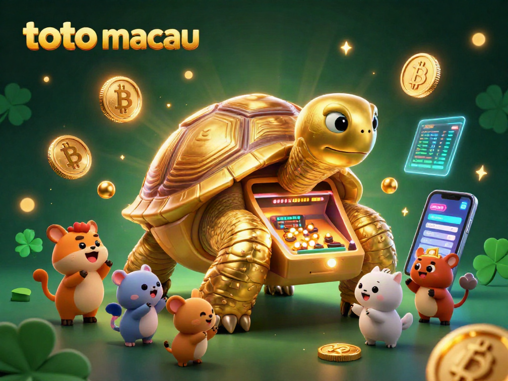 Engage with toto macau's vibrant game scene featuring a golden tortoise and crypto symbols.