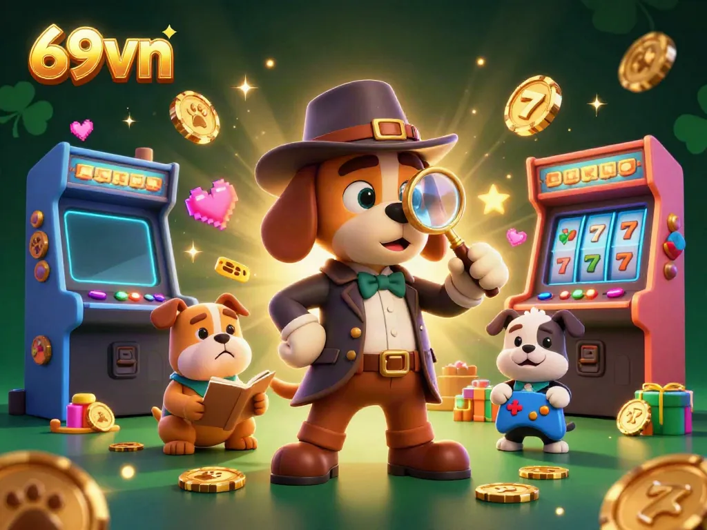 Engage with 69vn’s vibrant casino world, featuring a detective and his dog exploring gambling clues.