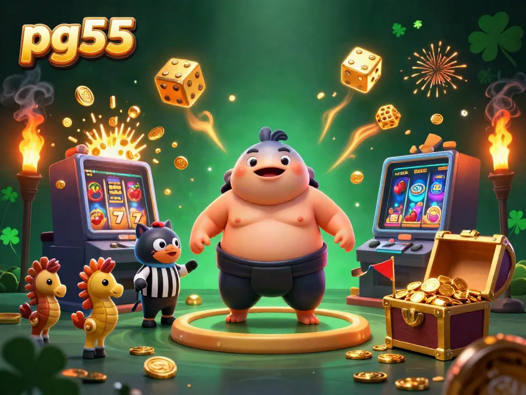 Engage with pg55 in an exciting casino world featuring a dynamic 3D fugu character amidst jackpot celebrations.