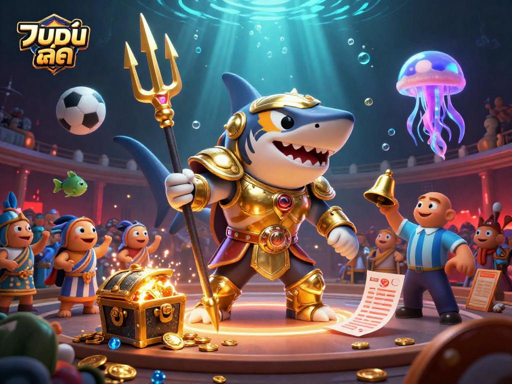 Engage in แทงบอลสด with ultra-detailed sports betting scene featuring a cartoon shark and vibrant underwater elements.