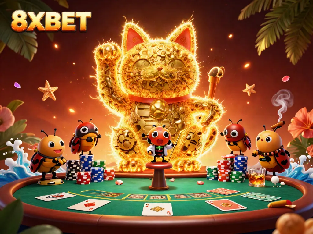 Engage in exciting casino action with 8XBET's vibrant lucky cat and thrilling poker elements.