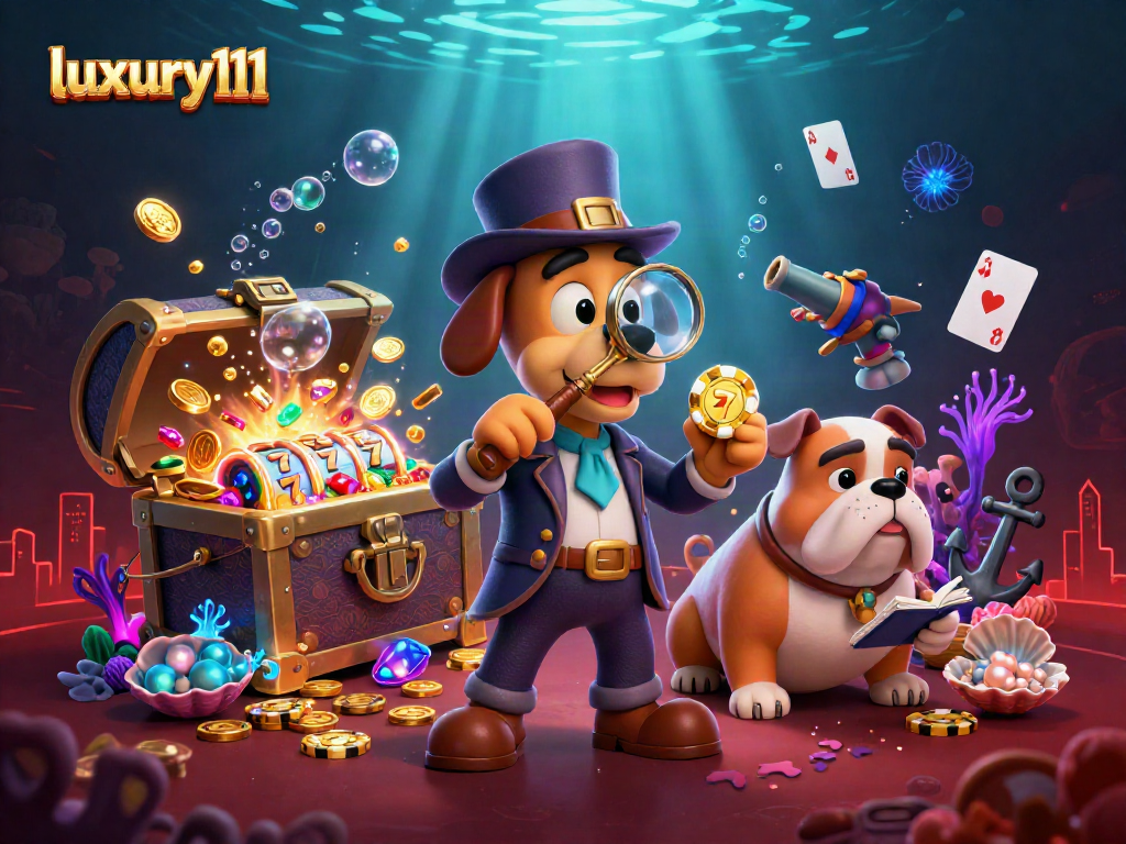 Engage with luxury111 while spinning golden poker chips and floating slot reels in a dynamic detective scene.