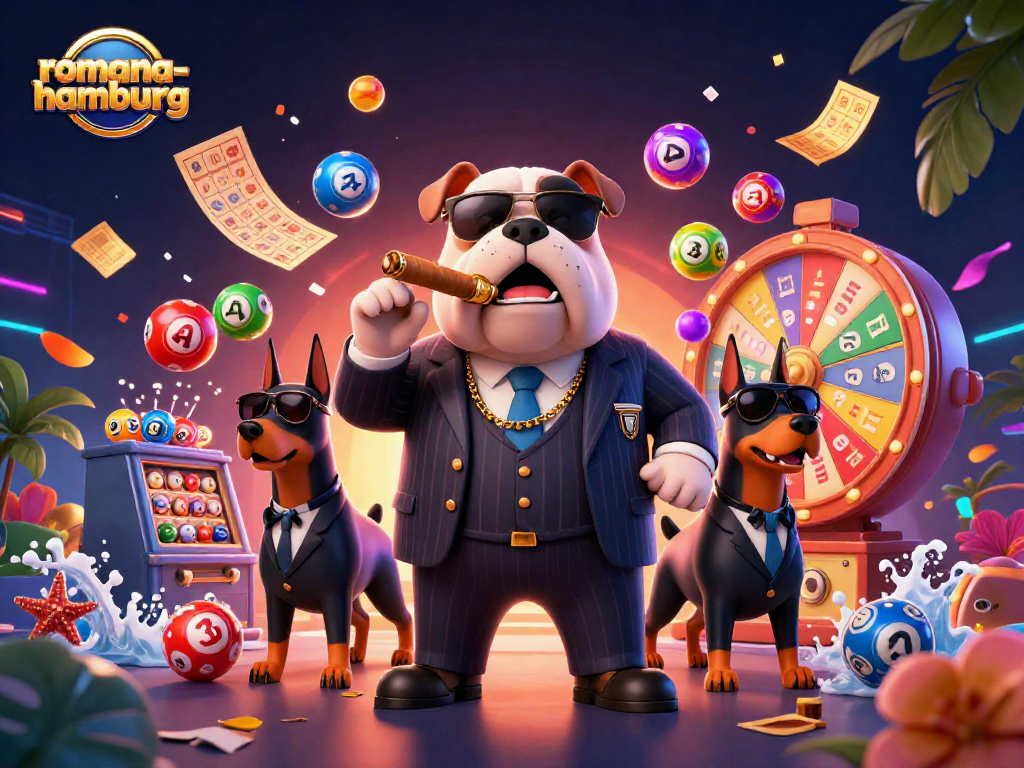 Engage with romana-hamburg through this vibrant lottery-themed illustration, showcasing dynamic prize elements.