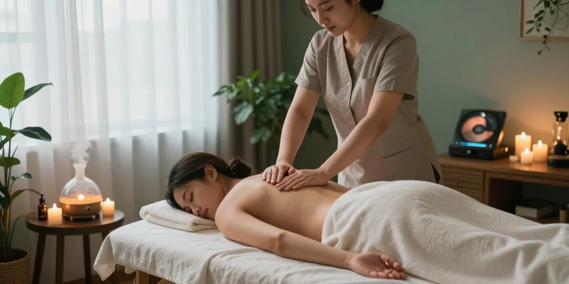 Relaxing 구리출장마사지 therapy scene in a serene spa setting with candles and soft lighting.
