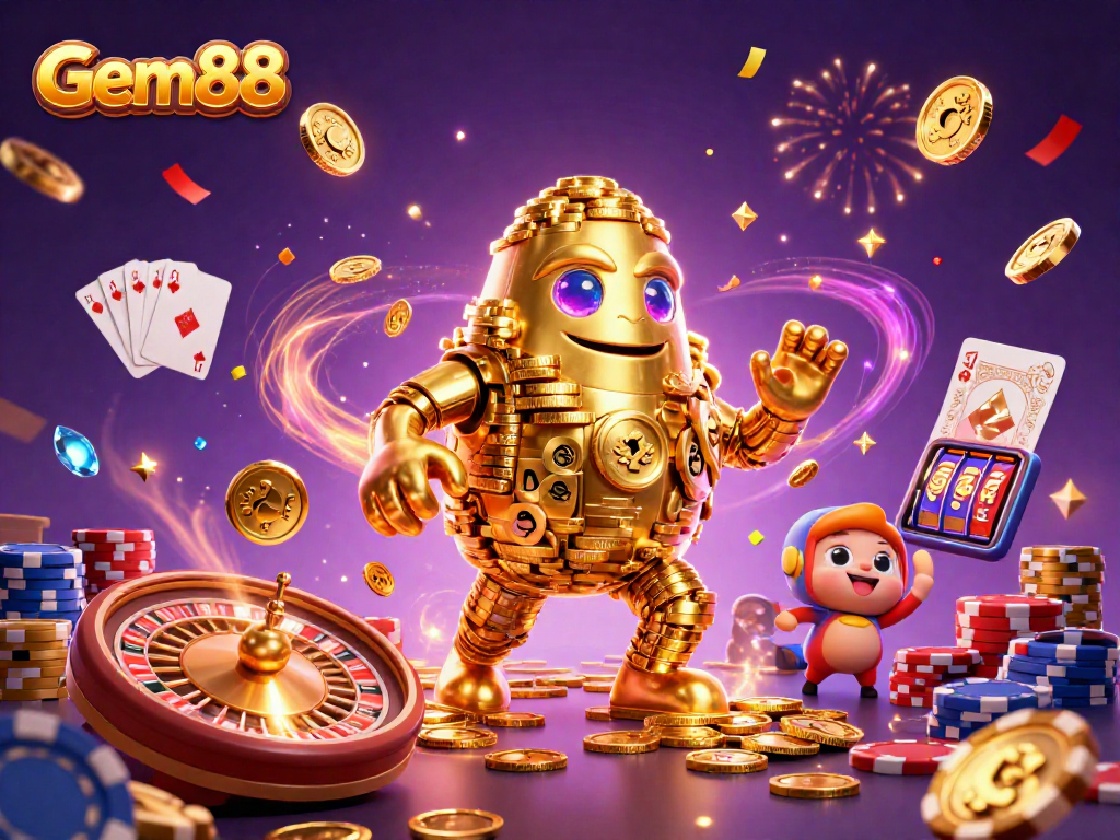 Experience Gem88 with an ultra-detailed scene of a golden golem, cascading coins, and roulette dynamics.