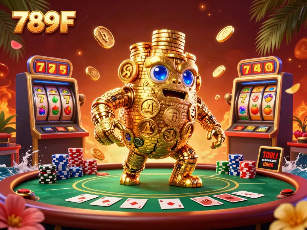 Visualize the dynamic atmosphere of 789F's casino with a golden golem and vibrant gaming elements.