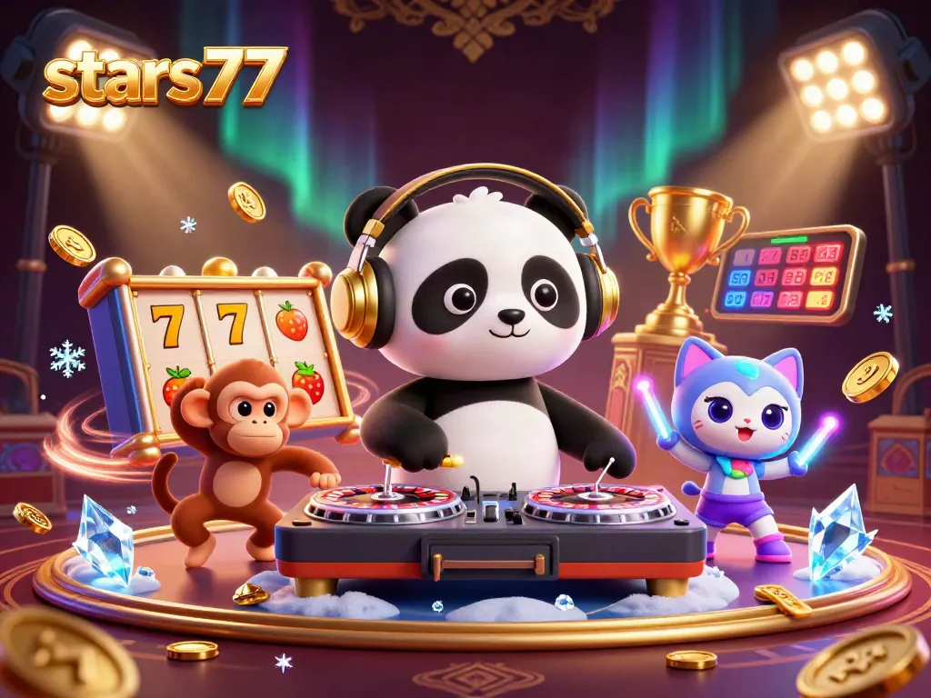 Situasi menarik di mana stars77 menghadirkan DJ panda, monyet penari, dan kucing dengan glow-stick dalam suasana kasino.