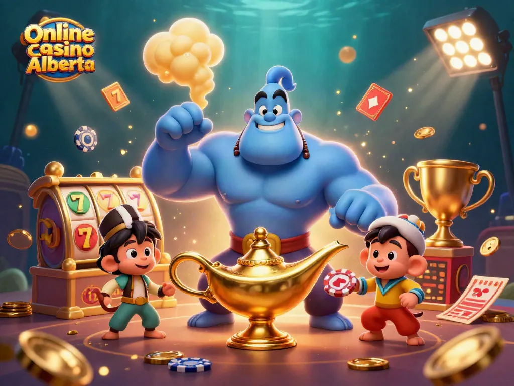 Engage with thrilling games at Online Casino Alberta featuring a vibrant 3D illustration of a genie.