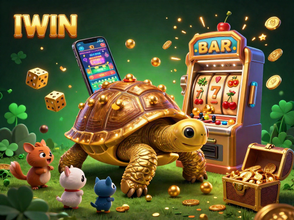 IWIN casino scene with a cartoon tortoise and jackpot slot machine bursting with coins and excitement.
